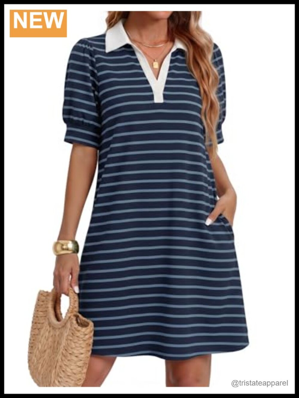 Ribbed Knit Striped Mini Dress Loose Fit V Neck Puff Sleeve A-Line Casual Summer